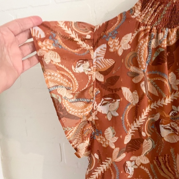 Revolve x Joie Blouse Rust Orange Metallic Floral High Neck Flounce shoulder XS - Picture 9 of 13